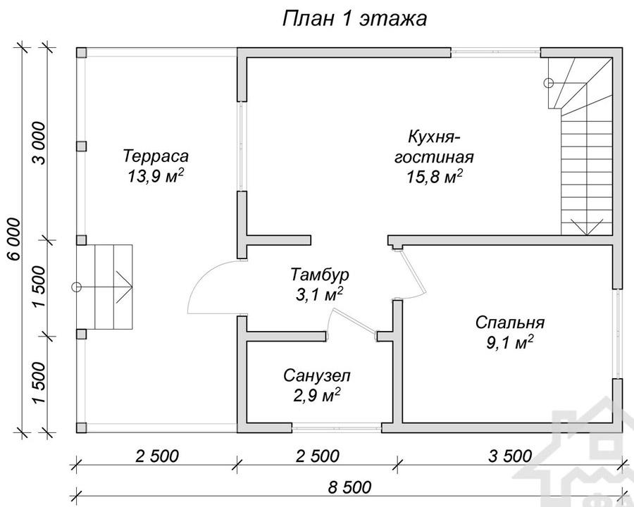 Каркасный дом. Проект К-6 - планировка первого этажа